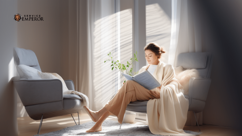 HVAC system showcased in a minimalist living room, soft natural light filtering through sheer curtains